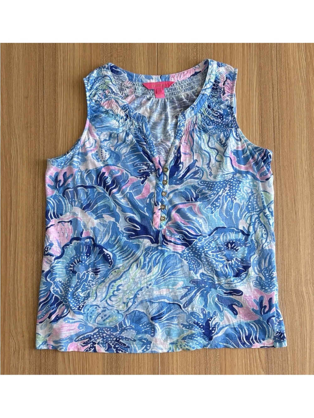 Lilly Pulitzer Essie Cotton Smocked Tank Top Womens S Blue Under The Sea Cruise